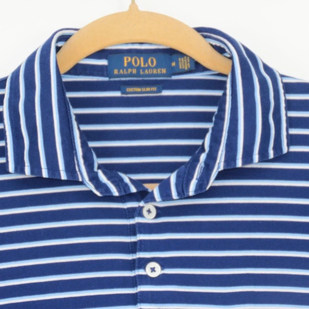 Polo Ralph Lauren Mens Custom Slim Fit Striped Polo Shirt Blue White Medium READ